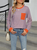 Contrast Color Stripe Chest Pocket Long Sleeve Shirt for Women