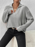 Women's Solid Color V Neck Striped Texture Long Sleeve Shirt