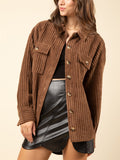 Women's Winter Striped Texture Lapel Chest Pocket Corduroy Coat