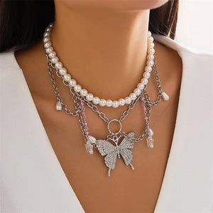 Dreamy Rhinestone Butterfly Star Pendant Pearl Necklaces for Women