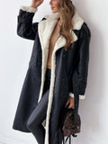 Ladies Elegant Lapel Plush Lining Mid-Length Coat with Waistband