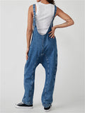 Female Wearable Solid Color Baggy Denim Jumpsuits