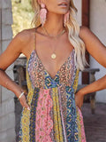 Bohemian Multicolor Stripe V Neck Strappy Maxi Dress for Women