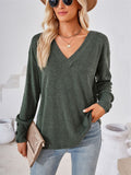 Buttoned Cuffs V-Neck Basic T-Shirts for Ladies