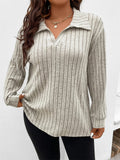 Lady V Neck Lapel Dropped Shoulder Ribbed T-shirt