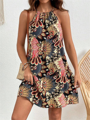 Ethnic Peacock Feather Print Halter-neck Dress for Women