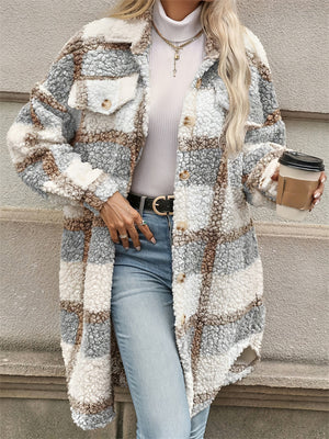 Leisure Contrast Color Plaid Fluffy Coat for Women