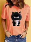 Lovely Little Black Cat Print Round Neck T-shirts for Women