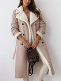 Ladies Elegant Lapel Plush Lining Mid-Length Coat with Waistband