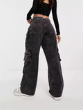 Ladies Dark Gray Multi-Pocket Denim Cargo Trouser