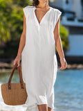 Women's V Neck Sleeveless Breathable Cotton Linen Beach Dress