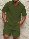 Men's Solid Color Waffle Lapel Shirt Shorts Sweatsuit