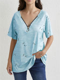 Zip V Neck Heart-Shaped Print Short Sleeve Shirt for Women