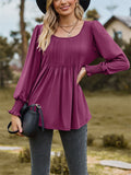 Scoop Neck Pleated Lantern Sleeve Slim Fit Shirt for Women