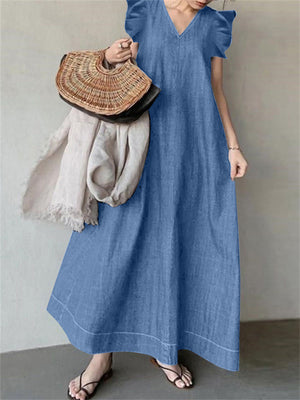 Women's Flutter Sleeve V-neck Pullover Denim Dresses