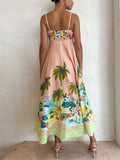 Summer Floral Coconut Tree Print High Waist Vacation Dress for Lady