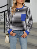 Contrast Color Stripe Chest Pocket Long Sleeve Shirt for Women