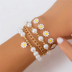 Women's 4pcs/Set Imitation Pearl Daisy Chain Bracelets