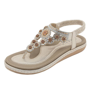 Rhinestone Flower T-Strap Beach Sandals for Women