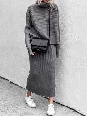 Women's Elegant Ribbed Turtleneck Sweater Skirt Knitted Sets