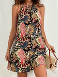 Ethnic Peacock Feather Print Halter-neck Dress for Women