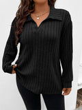 Lady V Neck Lapel Dropped Shoulder Ribbed T-shirt