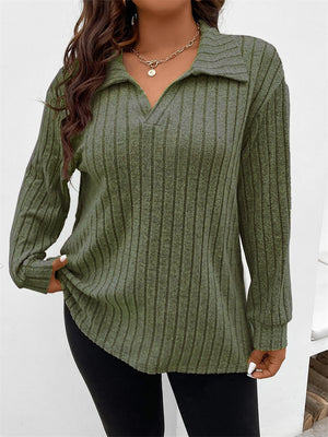 Lady V Neck Lapel Dropped Shoulder Ribbed T-shirt