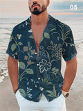 Summer Short Sleeve Lapel Leaf Print Men's Vacation Shirts