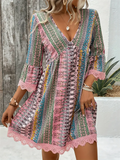 Bohemian Print V Neck Lace Hem Mini Dress for Women