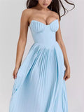 Women's Pleated Sky Blue Strapless Evening Dress