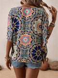 Women's V-Neck Batwing Sleeve Ethnic Floral Printed Blouse