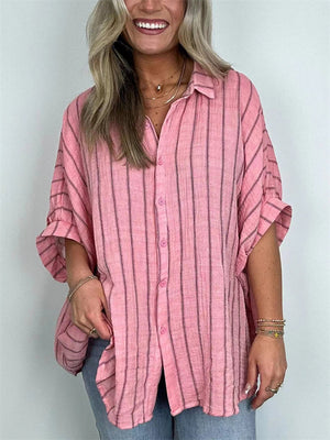 Vintage Vertical Stripe Batwing Sleeve Plus Size Ladies Blouses