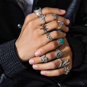 11Pcs/Set Retro Mermaid Angel Dragon Spider Hand-Carved Rings