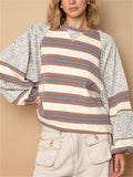 Women's Floral Striped Color Blocking Crew-neck Sweatshirt