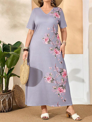 Women's Plus Size Flower Printed Short Sleeve V-Neck Dress