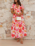 French Romantic Floral Print V Neck Cut Out Midi Dress for Lady