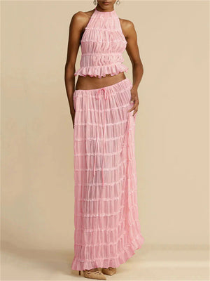 Female Pleated Halterneck Lace-Up Tank Top Maxi Skirt Set