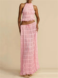 Female Pleated Halterneck Lace-Up Tank Top Maxi Skirt Set