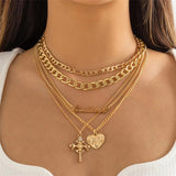 Women's 5Pcs/Set Vintage Cross Love Heart Metal Chain Necklaces