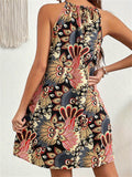 Ethnic Peacock Feather Print Halter-neck Dress for Women