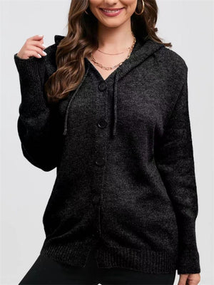 Women's Solid Single-breasted Drawstring Hooded Knitted Sweater