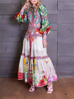 Retro Chic Niche Colorful Plant Print Female Dresses