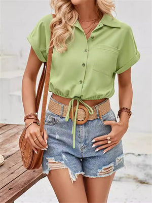 Women's Chic Turn-Down Collar Hem Tie Pocket Midriff Blouse