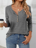 Female Stylish Round Neck Striped Button T-Shirt