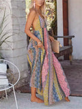 Bohemian Multicolor Stripe V Neck Strappy Maxi Dress for Women