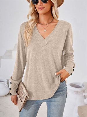 Buttoned Cuffs V-Neck Basic T-Shirts for Ladies