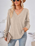 Buttoned Cuffs V-Neck Basic T-Shirts for Ladies