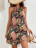 Ethnic Peacock Feather Print Halter-neck Dress for Women