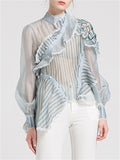 Women's Sexy See-Through Striped Patchwork Blouse