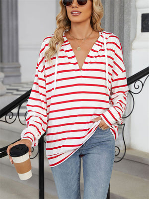 Classic Stripe V Neck Drawstring Hoodies for Women